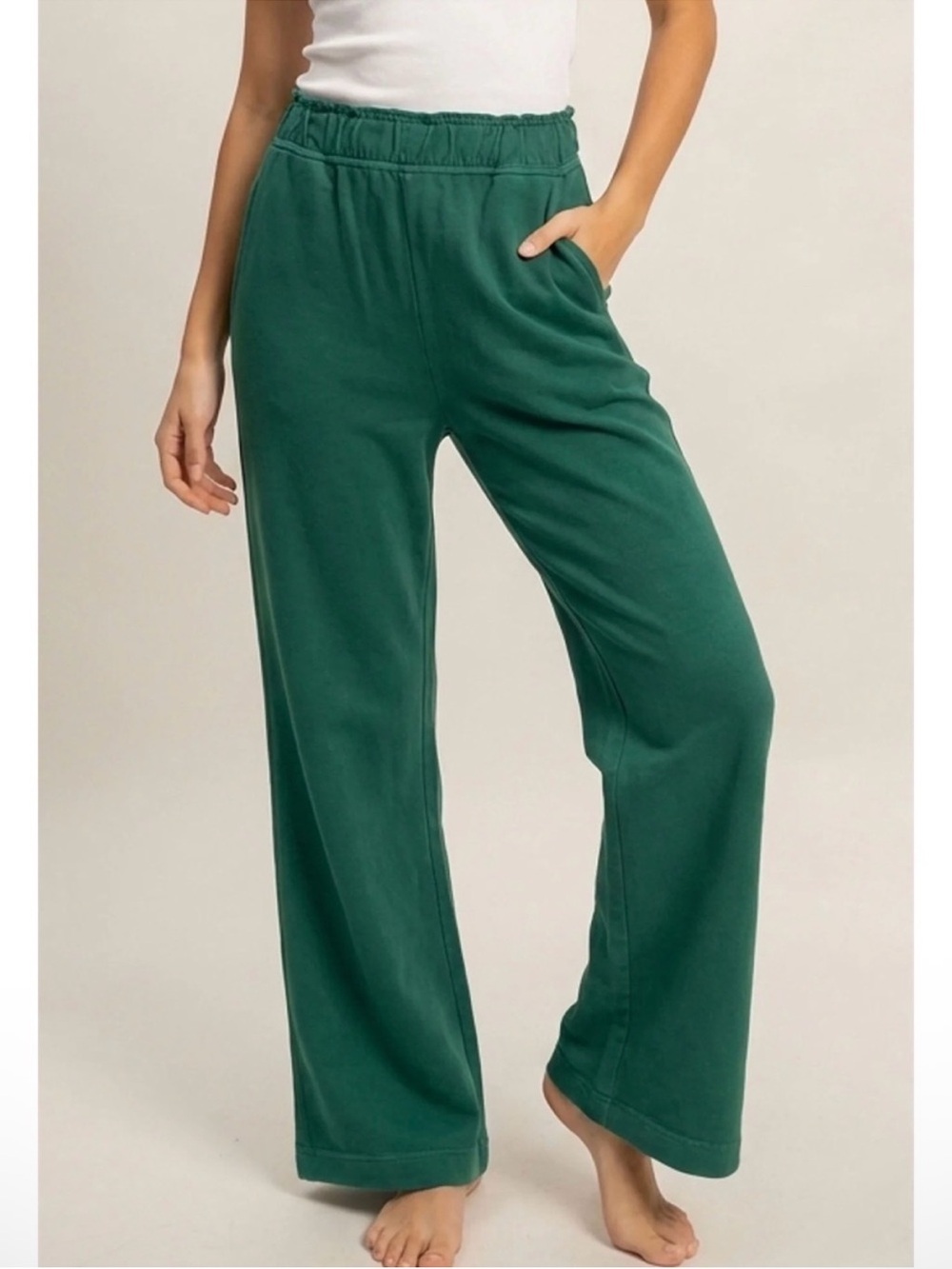 NEW Double Zero Pine Green 100% Cotton Wide Leg Flare Pants - Picture 2 of 6